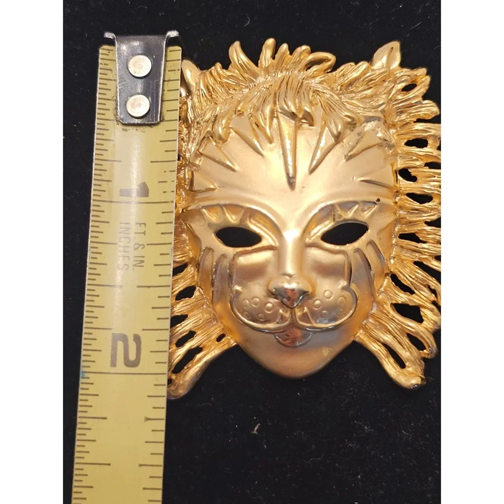AJC Vintage Gold Tone Lion Mask Brooch Venetian Masquerade Statement Pin